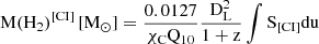 $$ \begin{aligned} \mathrm{M}(\mathrm{H}_2)^{[\mathrm{CI}]}\,[\mathrm{M}_{\odot }] = \frac{0.0127}{\chi _{\rm C} \mathrm{Q}_{10}} \frac{\mathrm{D}_{\rm L}^2}{1+\mathrm{z}} \int \mathrm{S}_{[\mathrm{CI}]} \mathrm{du} \end{aligned} $$
