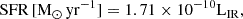 $$ \begin{aligned} \mathrm{SFR} \,[\mathrm{M}_{\odot }\, \mathrm{yr}^{-1}] = 1.71 \times 10^{-10} \mathrm{L}_{\rm IR}, \end{aligned} $$