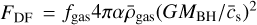 $\[F_{\mathrm{DF}}= f_{\text {gas}} 4 \pi \alpha \bar{\rho}_{\text {gas }}\left(G M_{\mathrm{BH}} / \bar{c}_{\mathrm{s}}\right)^{2}\]$