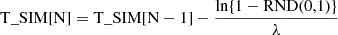 $$ \begin{aligned} \mathrm{T}\_{\mathrm{SIM}}[ \mathrm{N}] = \mathrm{T}\_{\mathrm{SIM}}[ \mathrm{N}-1] - \frac{\ln\{ 1 - \mathrm{RND}(0,1) \}}{\lambda} \end{aligned} $$