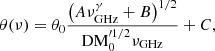 $$ \begin{aligned} \theta (\nu )&= \theta _0\frac{\left(A\nu _{\rm GHz}^{\gamma } +B\right)^{1/2}}{\mathrm {DM}_0^{\prime 1/2}\nu _{\rm GHz}} + C, \end{aligned} $$