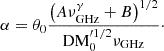 $$ \begin{aligned} \alpha = \theta _0\frac{\left(A\nu _{\rm GHz}^{\gamma } +B\right)^{1/2}}{\mathrm {DM}_0^{\prime 1/2}\nu _{\rm GHz}}\cdot \end{aligned} $$