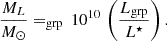 $$ \begin{aligned} \frac{M_L}{M_{\odot }} = _{\rm grp}\,10^{10}\,\left(\frac{L_{\rm grp}}{L^{\star }}\right). \end{aligned} $$
