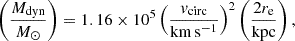 $$ \begin{aligned} \left(\frac{M_{\rm dyn}}{M_{\odot }} \right) = 1.16\times 10^{5} \left(\frac{v_{\rm circ}}{\mathrm{km\,s^{-1}}}\right)^{2} \left(\frac{2r_{\rm e}}{\mathrm{kpc}} \right), \end{aligned} $$
