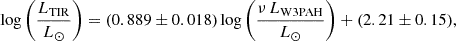 $$ \begin{aligned} \log \left(\frac{L_{\rm TIR}}{L_{\odot }}\right) = (0.889 \pm 0.018) \log \left(\frac{\nu \,L_{\rm W3PAH}}{L_{\odot }}\right) + (2.21\pm 0.15), \end{aligned} $$