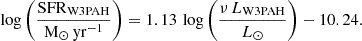 $$ \begin{aligned} \log \left(\frac{\mathrm{SFR}_{\rm W3PAH}}{\mathrm{M_{\odot }\,yr^{-1}}}\right) = 1.13 \, \log \left(\frac{\nu \,L_{\rm W3PAH}}{L_{\odot }}\right) - 10.24. \end{aligned} $$