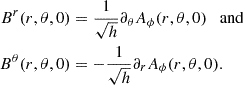 $$ \begin{aligned} B^r(r,\theta ,0)&= \frac{1}{\sqrt{h}} \partial _{\theta } A_\phi (r,\theta ,0) \quad \mathrm{and} \nonumber \\ B^\theta (r,\theta ,0)&= -\frac{1}{\sqrt{h}} \partial _{r} A_\phi (r,\theta ,0). \end{aligned} $$