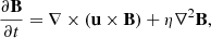 $$ \begin{aligned}&\frac{\partial \mathbf B }{\partial t} = \nabla \times (\mathbf u \times \mathbf B )+\eta \nabla ^2 \mathbf B , \end{aligned} $$
