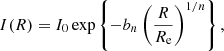 $$ \begin{aligned} I(R) = I_0 \exp \left\{ -b_n\left(\frac{R}{R_{\rm e}}\right)^{1/n}\right\} , \end{aligned} $$