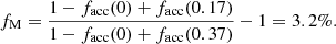 $$ \begin{aligned} f_{\rm M} = \frac{1-f_{\rm acc}(0)+f_{\rm acc}(0.17)}{1-f_{\rm acc}(0)+f_{\rm acc}(0.37)} - 1 = 3.2\%. \end{aligned} $$