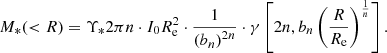 $$ \begin{aligned} M_*( < R) = \Upsilon _* 2\pi n\cdot I_0R_{\rm e}^2 \cdot \frac{1}{\left(b_n\right)^{2n}}\cdot \gamma \left[2n,b_n \left(\frac{R}{R_{\rm e}}\right)^{\frac{1}{n}}\right]. \end{aligned} $$