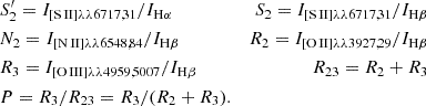 $$ \begin{aligned}&S^{\prime }_2 = I_{\rm [S \, II]\lambda \lambda 6717,31} / I_{\rm H\alpha }&S_2 = I_{\rm [S \, II]\lambda \lambda 6717,31} / I_{\rm H\beta } \nonumber \\&N_2 = I_{\rm [N \, II]\lambda \lambda 6548,84} / I_{\rm H\beta }&R_2 = I_{\rm [O \, II]\lambda \lambda 3927,29} / I_{\rm H\beta } \nonumber \\&R_3 = I_{\rm [O \, III]\lambda \lambda 4959,5007} / I_{\rm H\beta }&R_{23} = R_2 + R_3 \nonumber \\&P = R_{3} / R_{23} = R_3 / (R_2 + R_3). \end{aligned} $$