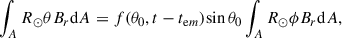 $$ \begin{aligned} \int _A R_\odot \theta B_r \mathrm{d} A = f(\theta _0,t-t_{\mathrm{e} m}) {\sin \theta _0} \int _A R_\odot \phi B_r \mathrm{d} A , \end{aligned} $$