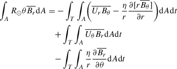 $$ \begin{aligned} \int _A R_\odot \theta \overline{B_r} \mathrm{d} A&=- \int _T \int _A \biggl ( \overline{U_r B_\theta }-\frac{\eta }{r}\frac{\partial [r\overline{B_\theta }]}{\partial r} \biggr ) \mathrm{d} A\mathrm{d} t \nonumber \\&\quad +\int _T \int _A \overline{U_\theta B_r} \mathrm{d} A\mathrm{d} t \nonumber \\&\quad -\int _T \int _A \frac{\eta }{r}\frac{\partial \overline{B_r}}{\partial \theta } \mathrm{d} A\mathrm{d} t \end{aligned} $$
