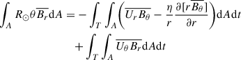 $$ \begin{aligned} \int _A R_\odot \theta \overline{B_r} \mathrm{d} A&=- \int _T \int _A \biggl ( \overline{U_r B_\theta }-\frac{\eta }{r}\frac{\partial [r\overline{B_\theta }]}{\partial r} \biggr ) \mathrm{d} A\mathrm{d} t \nonumber \\&\quad +\int _T \int _A \overline{U_\theta B_r} \mathrm{d} A\mathrm{d} t \end{aligned} $$