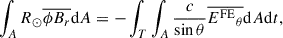 $$ \begin{aligned} \int _A R_\odot {\overline{\phi B_r}} \mathrm{d} A =- \int _T \int _A \frac{c}{\sin \theta } {\overline{{E^{\mathrm{FE} }}_\theta }} \mathrm{d} A\mathrm{d} t, \end{aligned} $$
