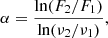 $$ \begin{aligned} \alpha&= \frac{\ln (F_2 / F_1)}{\ln (\nu _2 / \nu _1)}, \end{aligned} $$