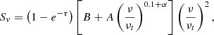 $$ \begin{aligned} S_\nu = \left(1-e^{-\tau }\right)\left[B+A \left(\frac{\nu }{\nu _{t}}\right)^{0.1+\alpha }\right]\left(\frac{\nu }{\nu _{t}}\right)^2, \end{aligned} $$