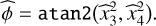 \estim{\phi} &= \mathtt{atan2}\Paren[\big]{\estim{x}_{3}^{2},\estim{x}_{4}^{2}}.
