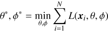 $\[\theta^*, \phi^*=\min _{\theta, \phi} \sum_{i=1}^N L\left(\boldsymbol{x}_i, \theta, \phi\right)\]$