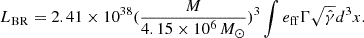 $$ \begin{aligned} L_{\rm BR} = 2.41 \times 10^{38} (\frac{M}{4.15 \times 10^6\,M_{\odot }})^3 \int e_{\rm ff} \Gamma \sqrt{\hat{\gamma }} d^3 x . \end{aligned} $$