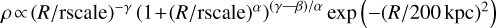 $\rho \!\propto\!(R/\text{rscale})^{-\gamma}% \left(1\!+\!(R/\text{rscale})^\alpha\right)% ^{(\gamma-\!-\!\beta)/\alpha}% \exp\left(-(R/200\,\text{kpc})^2\right)$