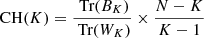 $$ \begin{aligned} \text{ CH}(K) = \frac{\text{ Tr}(B_K)}{\text{ Tr}(W_K)} \times \frac{N-K}{K-1} \end{aligned} $$