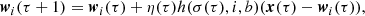 $$ \begin{aligned} \boldsymbol{w}_i(\tau +1) = \boldsymbol{w}_i(\tau ) + \eta (\tau ) h(\sigma (\tau ),i,b) (\boldsymbol{x}(\tau )-\boldsymbol{w}_i(\tau )) ,\end{aligned} $$