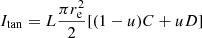 $$ \begin{aligned} I_{\rm tan}=L \frac{\pi r_{\rm e}^2}{2} [(1-u)C+uD] \end{aligned} $$