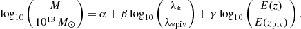 $$ \begin{aligned} \log _{10}\left(\frac{M}{10^{13}\,M_\odot }\right) = \alpha + \beta \log _{10}\left(\frac{\lambda _*}{\lambda _{\rm *piv}}\right) + \gamma \log _{10}\left(\frac{E(z)}{E(z_{\rm piv})}\right). \end{aligned} $$