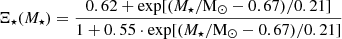 $$ \begin{aligned} \Xi _{\star }(M_{\star }) = \frac{0.62 + \exp [(M_{\star } /\mathrm{M} _{\odot } - 0.67) /0.21]}{1 + 0.55 \cdot \exp [(M_{\star } /\mathrm{M} _{\odot } - 0.67) /0.21]} \end{aligned} $$