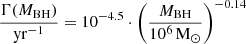 $$ \begin{aligned} \frac{\Gamma (M_\mathrm{BH} )}{\mathrm{yr} ^{-1}} = 10^{-4.5} \cdot \left( \frac{M_\mathrm{BH} }{10^{6} \, \mathrm{M} _{\odot }} \right)^{-0.14} \end{aligned} $$