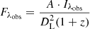 $$ \begin{aligned} F_{\lambda _{\mathrm{obs} }} = \frac{A \cdot I_{\lambda _\mathrm{obs} }}{D_\mathrm{L} ^{2} (1 + z)} \end{aligned} $$
