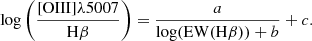$$ \begin{aligned} \log \left(\frac{[\mathrm{OIII}]\lambda 5007}{\mathrm{H}\beta }\right) = \frac{a}{\log (\mathrm{EW}(\mathrm{H}\beta )) + b}+c. \end{aligned} $$