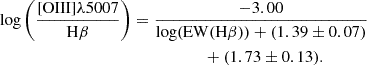 $$ \begin{aligned}&\log \left(\frac{[\mathrm{OIII}]\lambda 5007}{\mathrm{H}\beta }\right) = \frac{-3.00}{\log (\mathrm{EW}(\mathrm{H}\beta )) + (1.39\pm 0.07)} \nonumber \\&\qquad \qquad \qquad \qquad \qquad \qquad \qquad \qquad + (1.73\pm 0.13). \end{aligned} $$