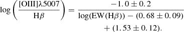 $$ \begin{aligned}&\log \left(\frac{[\mathrm{OIII}]\lambda 5007}{\mathrm{H}\beta }\right) = \frac{-1.0\pm 0.2}{\log (\mathrm{EW}(\mathrm{H}\beta )) - (0.68\pm 0.09)} \nonumber \\&\qquad \qquad \qquad \qquad \qquad \qquad \qquad \qquad +(1.53\pm 0.12). \end{aligned} $$