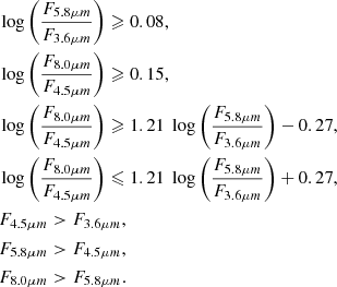 $$ \begin{aligned} \begin{aligned}&\log \left(\frac{F_{5.8 \mu m}}{F_{3.6 \mu m}}\right) \geqslant 0.08,\\&\log \left(\frac{F_{8.0 \mu m}}{F_{4.5 \mu m}}\right) \geqslant 0.15 ,\\&\log \left(\frac{F_{8.0 \mu m}}{F_{4.5 \mu m}}\right) \geqslant 1.21 \; \log \left(\frac{F_{5.8 \mu m}}{F_{3.6 \mu m}}\right) - 0.27, \\&\log \left(\frac{F_{8.0 \mu m}}{F_{4.5 \mu m}}\right) \leqslant 1.21 \; \log \left(\frac{F_{5.8 \mu m}}{F_{3.6 \mu m}}\right) + 0.27, \\&F_{4.5 \mu m} > F_{3.6 \mu m} ,\\&F_{5.8 \mu m} > F_{4.5 \mu m}, \\&F_{8.0 \mu m} > F_{5.8 \mu m}. \end{aligned} \end{aligned} $$