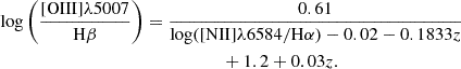 $$ \begin{aligned}&\log \left(\frac{[\mathrm{OIII}]\lambda 5007}{\mathrm{H}\beta }\right) = \frac{0.61}{\log ([\mathrm{NII}]\lambda 6584/\mathrm{H}\alpha ) - 0.02 - 0.1833z} \nonumber \\&\qquad \qquad \qquad \qquad \qquad \qquad \qquad \qquad + 1.2 + 0.03z. \end{aligned} $$