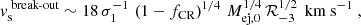 $$ \begin{aligned} v_{\text{s}}^{\text{ break-out}} \sim 18\, \sigma _{1}^{-1}\, \left(1-f_{\text{CR}}\right)^{1/4}\, M_{\text{ej,} 0}^{1/4}\, \mathcal{R} _{-3}^{1/2}\,\text{ km} \text{ s}^{-1}~, \end{aligned} $$