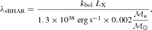 $$ \begin{aligned} \lambda _\mathrm{sBHAR} = \frac{ k_\mathrm{bol} \; L_\mathrm{X} }{ 1.3 \times 10^{38} \; \mathrm {erg\, s}^{-1} \times 0.002 \dfrac{\mathcal{M} _*}{\mathcal{M} _\odot } } ,\end{aligned} $$