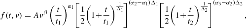 $$ \begin{aligned} f(t,\nu ) = A\nu ^{\beta } \left( \frac{t}{t_1} \right)^{\alpha _1}\! \left[ \frac{1}{2} \! \left( 1 \!+\! \frac{t}{t_1} \right)^\frac{1}{\Delta _1}\! \right]^{(\alpha _2 - \alpha _1)\Delta _1} \! \left[ \frac{1}{2}\! \left( 1 \!+ \!\frac{t}{t_2} \right)^\frac{1}{\Delta _2}\! \right]^{(\alpha _3 - \alpha _2)\Delta _2}, \end{aligned} $$