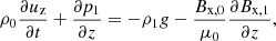 $$ \begin{aligned}&\rho _0 \frac{\partial u_{\rm z}}{\partial t} + \frac{\partial p_1}{\partial z} = - \rho _1 g - \frac{B_{\rm x,0}}{\mu _0}\frac{\partial B_{\rm x,1}}{\partial z}, \end{aligned} $$
