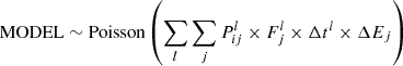 $$ \begin{aligned} \mathrm{MODEL}&\sim \mathrm{Poisson} \left(\sum _l\sum _j{P}_{ij}^l\times F_j^l\times \Delta t^l\times \Delta E_j\right)\end{aligned} $$