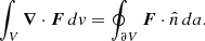 $$ \begin{aligned} \int _V \boldsymbol{\nabla } \cdot \boldsymbol{F} \,dv = \oint _{\partial V} \boldsymbol{F} \cdot \hat{n} \,da. \end{aligned} $$