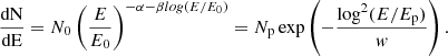 $$ \begin{aligned} \frac{\mathrm {dN}}{\mathrm {dE}} = N_0 \left(\frac{E}{E_0} \right) ^{-\alpha - \beta log (E/E_0)} = N_{\rm p} \exp \left( - \frac{\log ^2(E/E_{\rm p})}{w} \right) .\end{aligned} $$