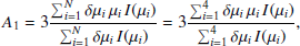 $$ \begin{aligned} A_1 = 3\frac{\sum _{i=1}^{N} \delta \mu _i \, \mu _i \, I(\mu _i)}{\sum _{i=1}^{N} \delta \mu _i \, I(\mu _i)} = 3\frac{\sum _{i=1}^{4} \delta \mu _i \, \mu _i \, I(\mu _i)}{\sum _{i=1}^{4} \delta \mu _i \, I(\mu _i)}, \end{aligned} $$