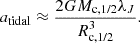 $$ \begin{aligned} a_{\text{tidal}} \approx \frac{2 G M_{\text{c,1/2}} \lambda _J}{R_{\text{c,1/2}}^3}. \end{aligned} $$