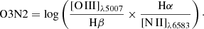 $$ \begin{aligned} \mathrm{O3N2} = \log \left(\frac{\mathrm{[O\,III]}_{\lambda 5007}}{\mathrm{H}\beta } \times \frac{\mathrm{H}\alpha }{\mathrm{[N\,II]}_{\lambda 6583}}\right)\cdot \end{aligned} $$