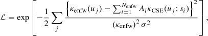 $$ \begin{aligned} \mathcal{L} = \exp \left[ -\frac{1}{2} \sum _j \frac{\left\{ \kappa _{\rm enfw}(u_j) - \sum _{i = 1}^{N_{\rm enfw}} A_i \kappa _{\rm CSE}(u_j; s_i) \right\} ^2}{\left( \kappa _{\rm enfw} \right)^2 \sigma ^2} \right], \end{aligned} $$