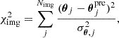 $$ \begin{aligned} \chi ^2_{\rm img} = \sum _j^{N_{\rm img}} \frac{(\boldsymbol{\theta }_j -\boldsymbol{\theta }_{j}^\mathrm{pre})^2}{\sigma _{\boldsymbol{\theta },j}^2}, \end{aligned} $$